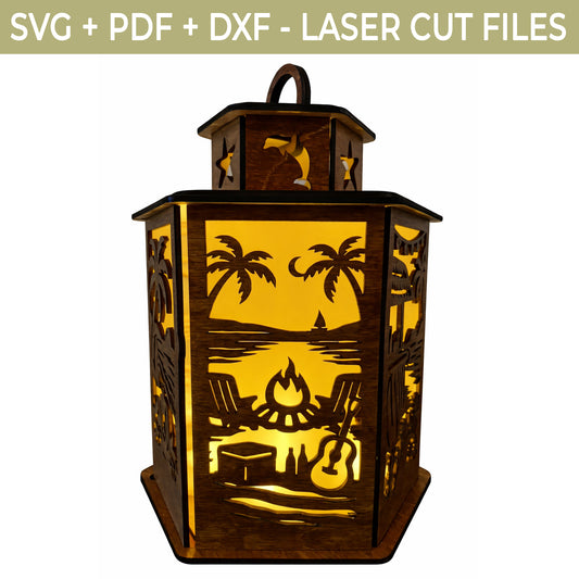 Beach Lantern SVG File – Tropical Summer Laser Cut File, Glowforge 3D Wooden Lantern Template
