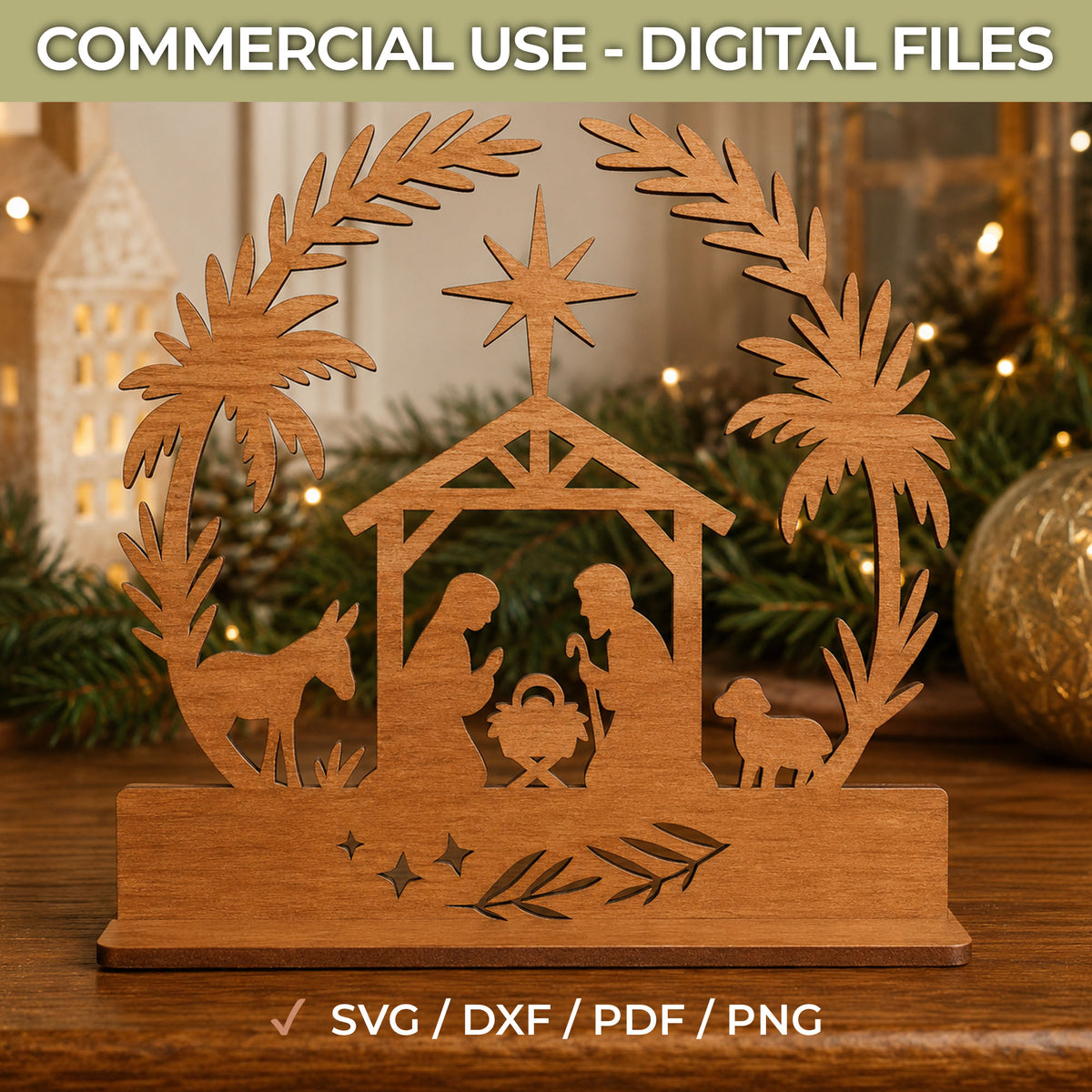A wooden nativity scene cutout displayed on a tabletop with a blurred holiday background. The design includes a stable with figures, a star, palm trees, a donkey, and a sheep.