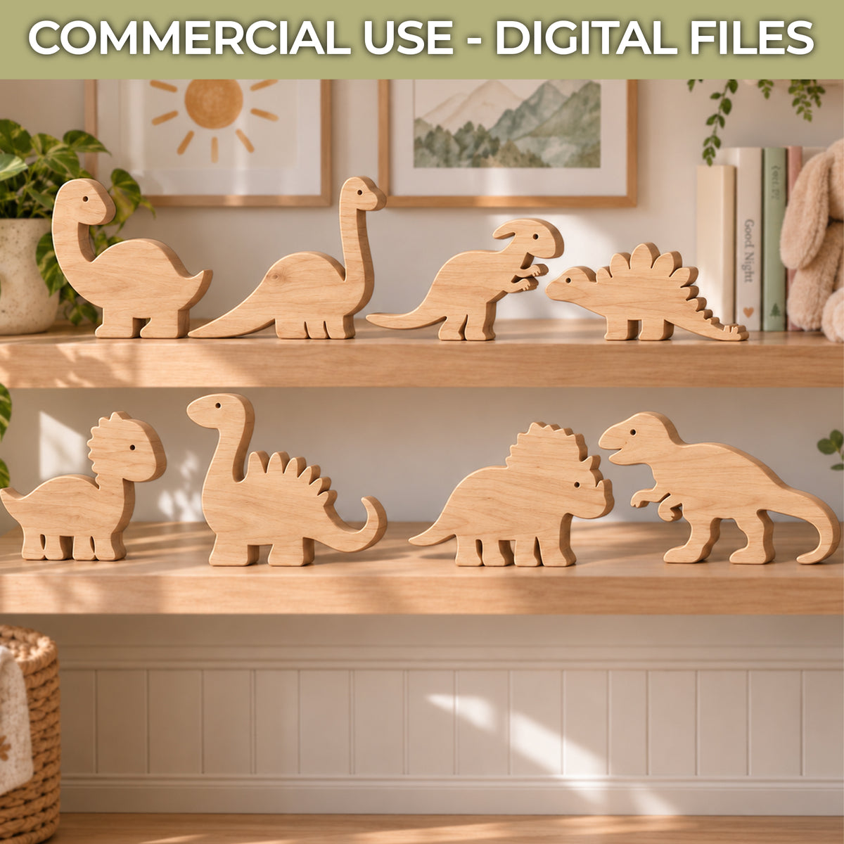 Eight baby dinosaur SVG laser cut designs displayed as natural wooden nursery decorations on Scandinavian-style shelves