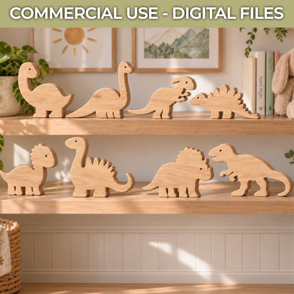 Eight baby dinosaur SVG laser cut designs displayed as natural wooden nursery decorations on Scandinavian-style shelves