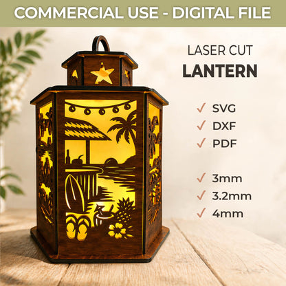 Beach Lantern SVG File – Tropical Summer Laser Cut File, Glowforge 3D Wooden Lantern Template