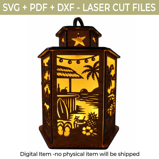 Beach Lantern SVG File – Tropical Summer Laser Cut File, Glowforge 3D Wooden Lantern Template