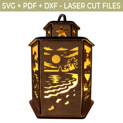 Beach Lantern SVG File – Tropical Summer Laser Cut File, Glowforge 3D Wooden Lantern Template