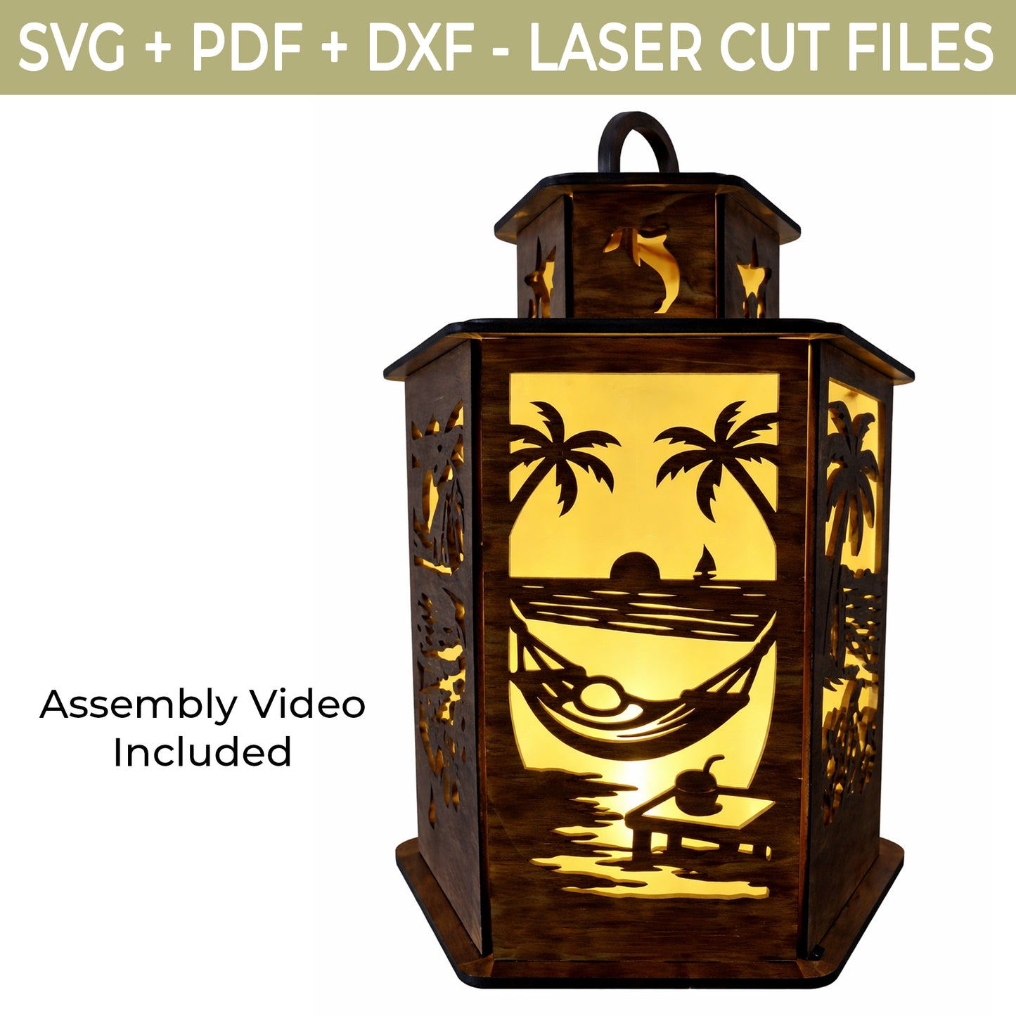 Beach Lantern SVG File – Tropical Summer Laser Cut File, Glowforge 3D Wooden Lantern Template