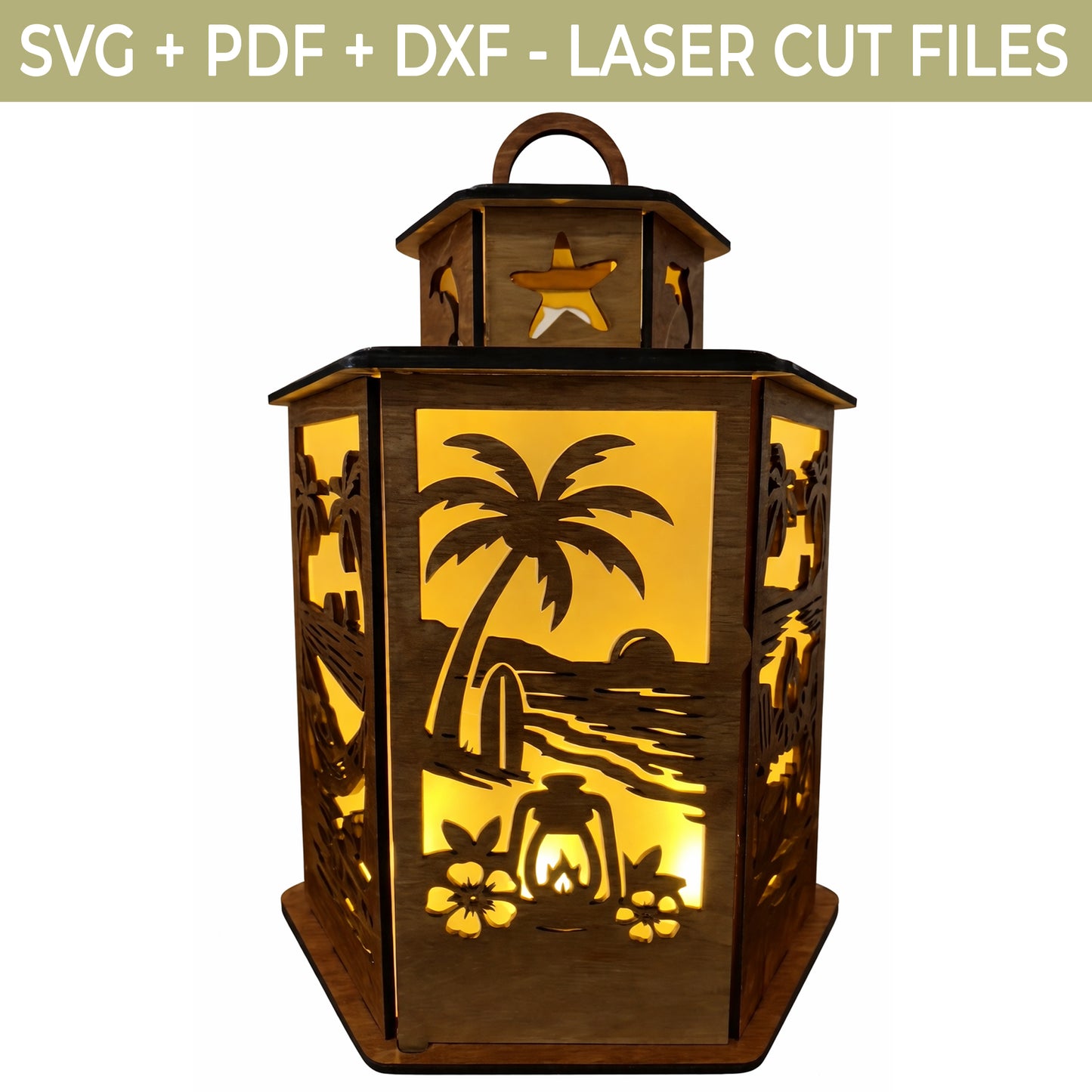 Beach Lantern SVG File – Tropical Summer Laser Cut File, Glowforge 3D Wooden Lantern Template