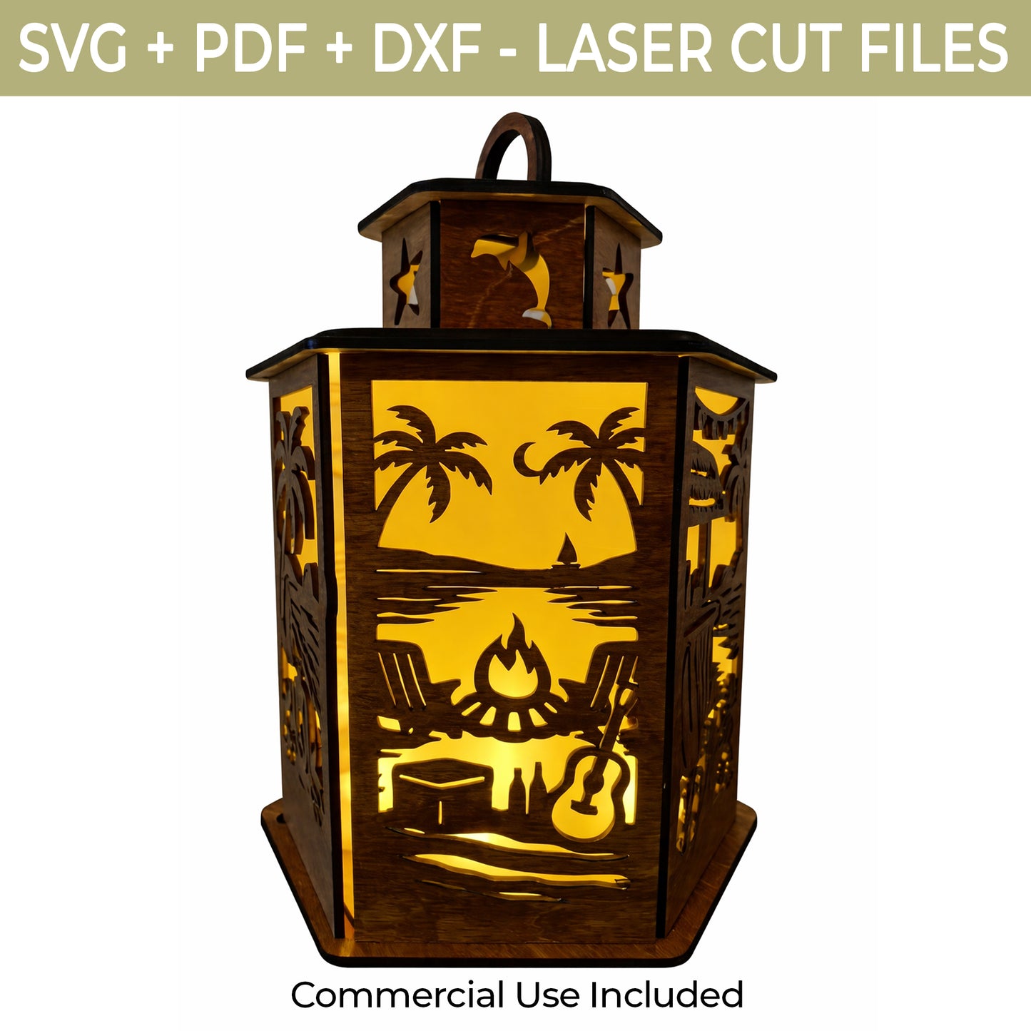 Beach Lantern SVG File – Tropical Summer Laser Cut File, Glowforge 3D Wooden Lantern Template