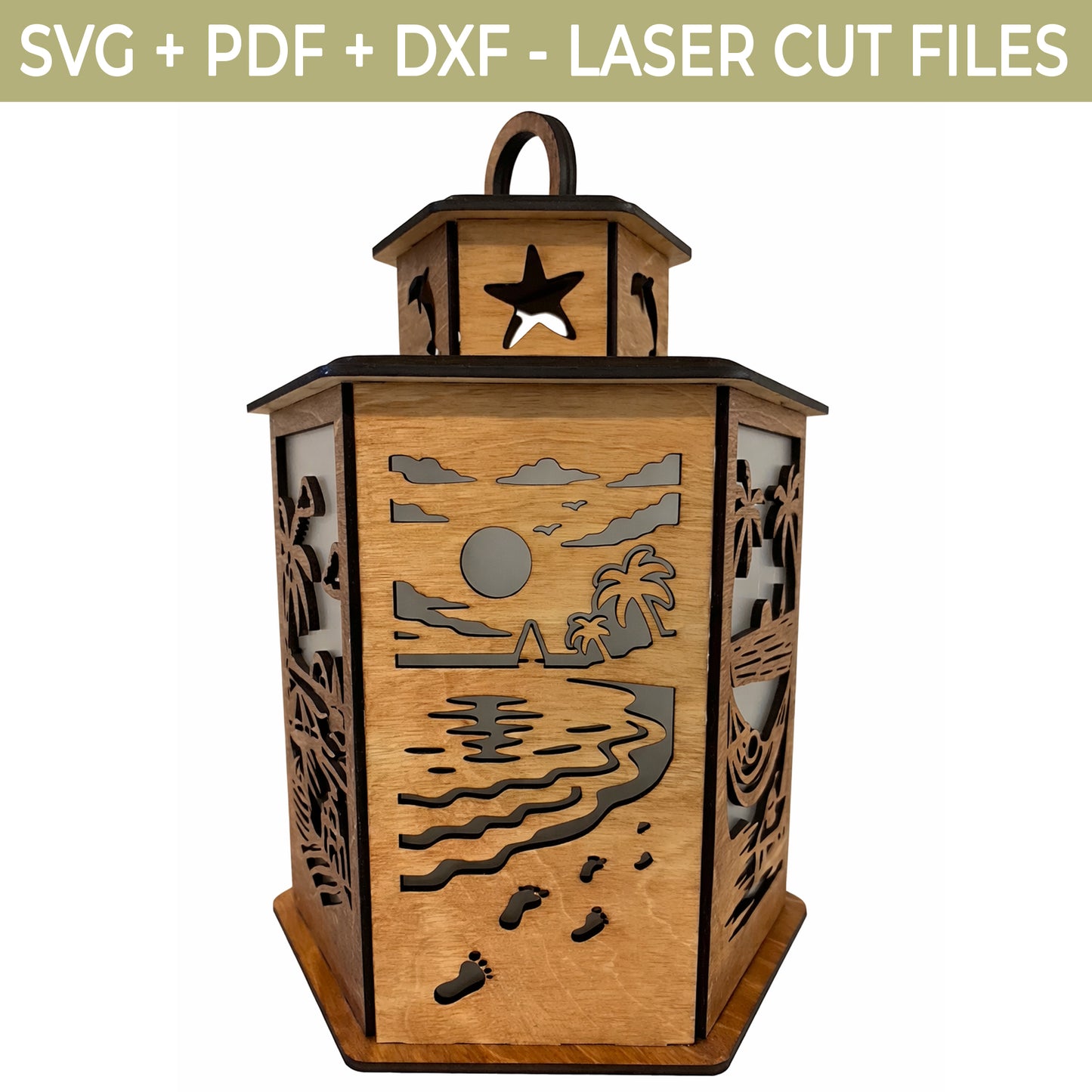 Beach Lantern SVG File – Tropical Summer Laser Cut File, Glowforge 3D Wooden Lantern Template