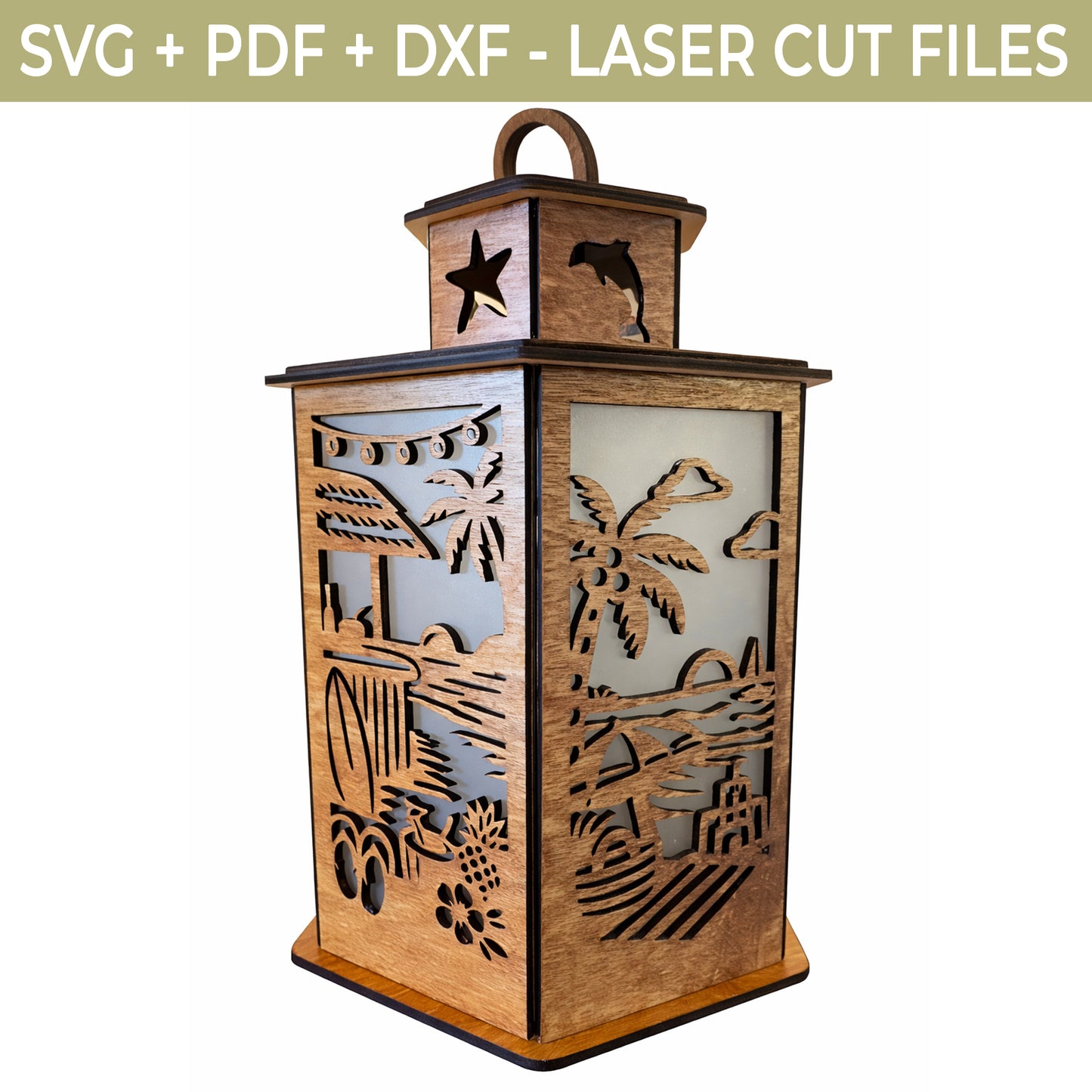 Beach Lantern SVG File – Tropical Summer Laser Cut File, Glowforge 3D Wooden Lantern Template