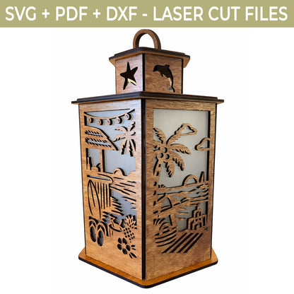 Beach Lantern SVG File – Tropical Summer Laser Cut File, Glowforge 3D Wooden Lantern Template