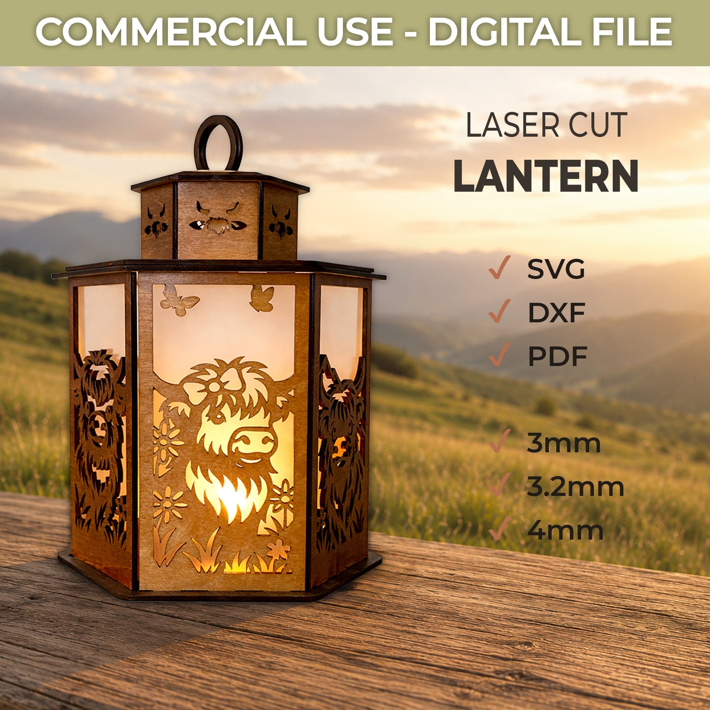 Highland Cow Lantern SVG, PDF, DXF - Laser Cut File - Digital Download
