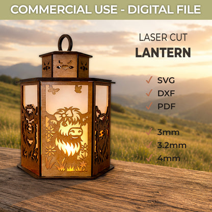 Highland Cow Lantern SVG, PDF, DXF - Laser Cut File - Digital Download