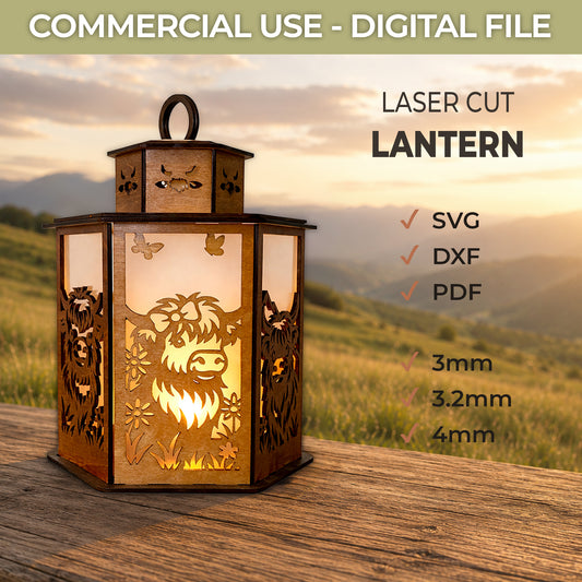Highland Cow Lantern SVG, PDF, DXF - Laser Cut File - Digital Download
