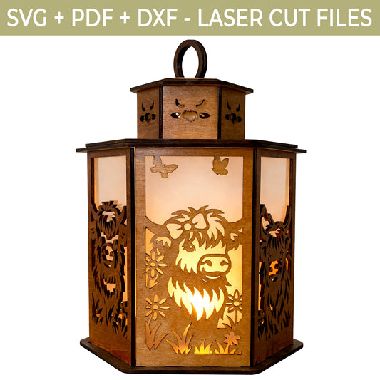 Highland Cow Lantern SVG, PDF, DXF | Laser Cut File for Glowforge, Cricut & xTool | Farm Animal Lantern Template | Digital Download