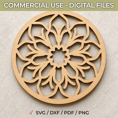 A circular laser-cut wooden coaster or plaque with an intricate floral mandala pattern, shown on a textured beige background with a green banner at the top reading 'COMMERCIAL USE - DIGITAL FILES' and text at the bottom listing SVG, DXF, PDF, and PNG formats.