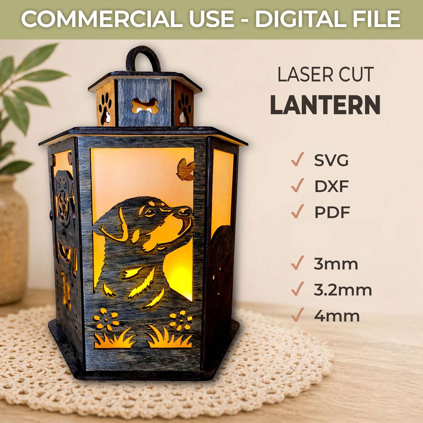 Rottweiler Lantern SVG  Laser Cut File - Glowforge Dog Memorial Lantern Template